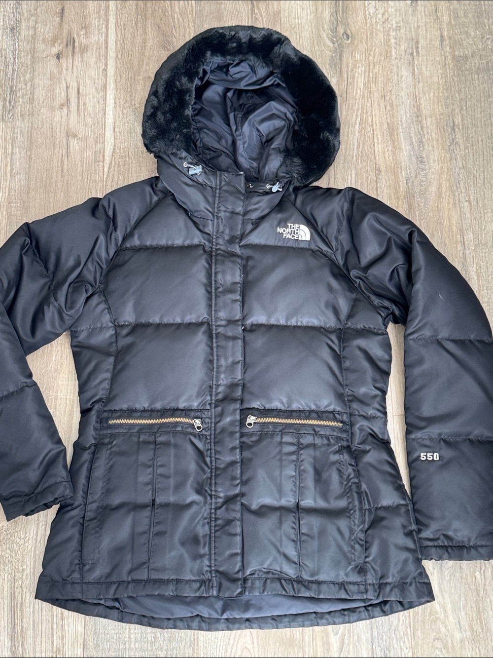 The North Face Black Women's Hooded Puffer Nylon Coat with Faux-Fur Trim Size M